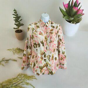 Jones New York Womens Shirt PL Floral Green Pink Button-Up  Cotton Cottagecore